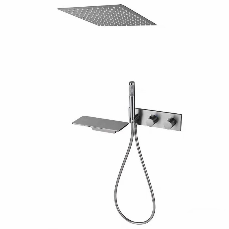 Brushed Nickel 3 Function Concealed Shower System, Square Rain Shower Set with Handheld Shower & Storage Shelf