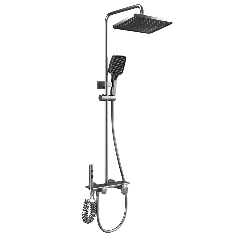Gun Gray 4 Function Shower Set, Square Rain Head Solid Brass Wall Mount Shower System with Bidet Spray Gun