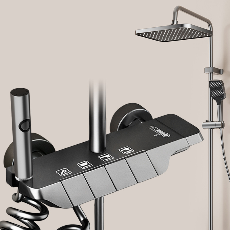Gun Gray Thermostatic Shower Set, Square Rain Head Solid Brass Wall Mount Shower System with Tub Spout