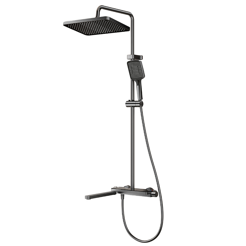 Gun Gray Thermostatic Shower Set, Square Rain Head Solid Brass Wall Mount Shower System with Tub Spout