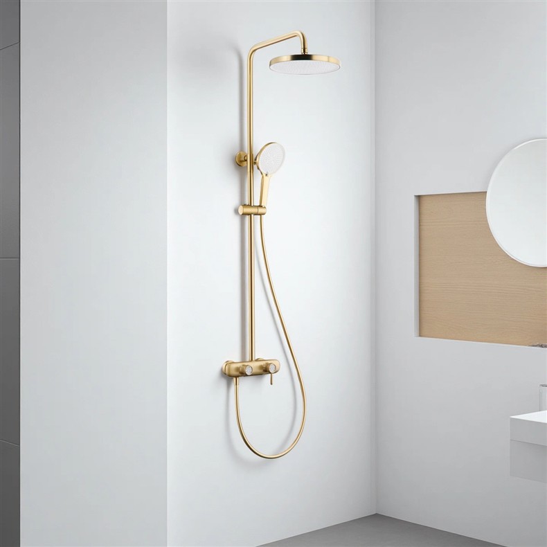 Polished Gold Thermostatic Shower Set, Round Rain Head Solid Brass Wall Mount Shower System