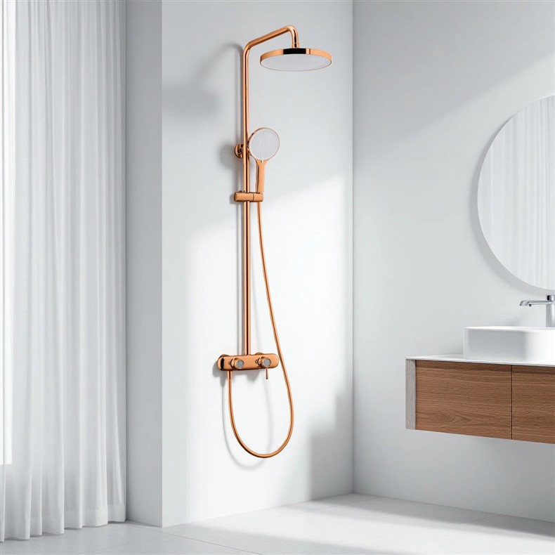 Polished Gold Thermostatic Shower Set, Round Rain Head Solid Brass Wall Mount Shower System