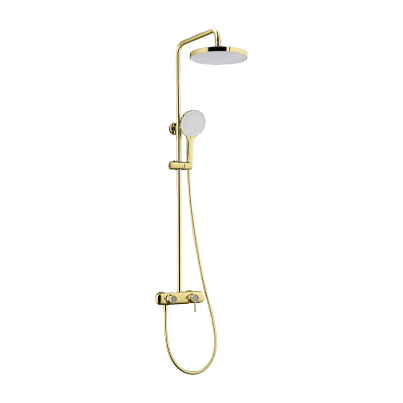 Polished Gold Thermostatic Shower Set, Round Rain Head Solid Brass Wall Mount Shower System