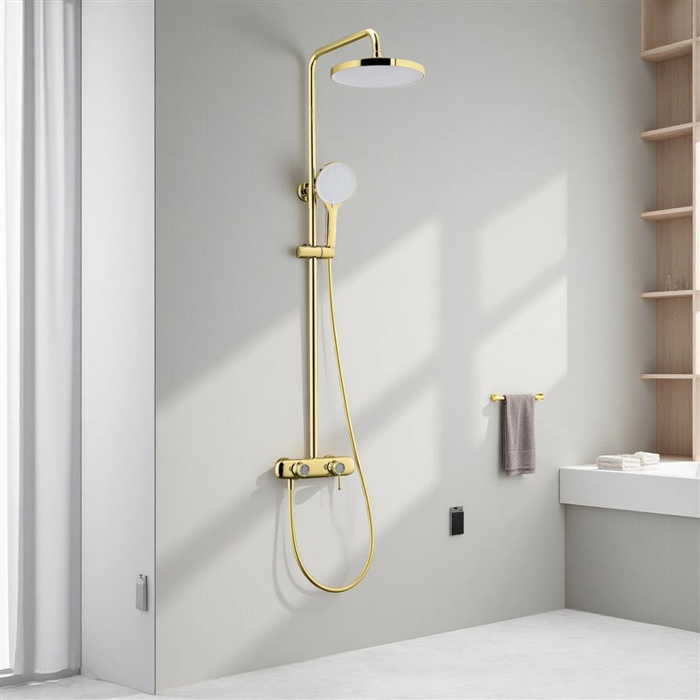 Polished Gold Thermostatic Shower Set, Round Rain Head Solid Brass Wall Mount Shower System
