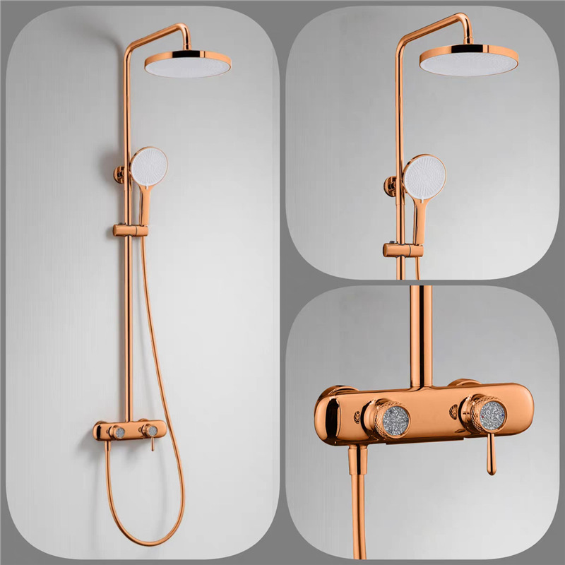 Polished Gold Thermostatic Shower Set, Round Rain Head Solid Brass Wall Mount Shower System