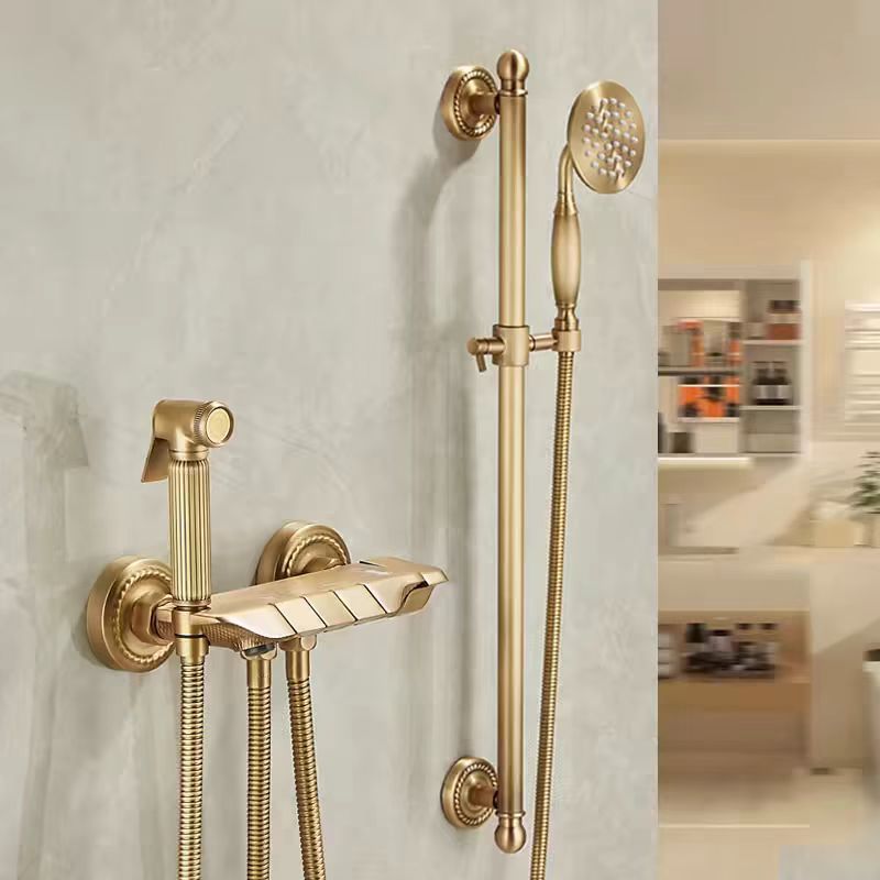 Antique Brass Retro Slide Bar Shower Set, Solid Brass Wall Mount Handheld Shower System with Bidet Spray Gun