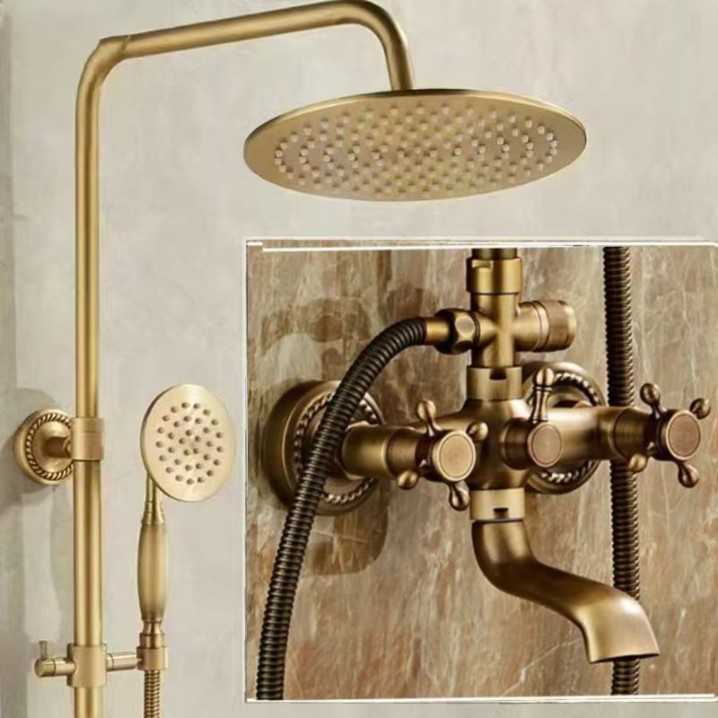 Antique Brass Retro Slide Bar Shower Set, Solid Brass Wall Mount Handheld Shower System with Bidet Spray Gun