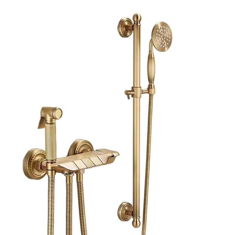Antique Brass Retro Slide Bar Shower Set, Solid Brass Wall Mount Handheld Shower System with Bidet Spray Gun