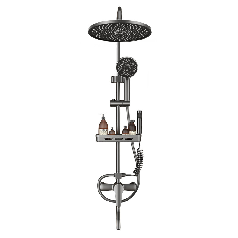 Gun Gray 3 Function Shower Set, Round Rain Head Solid Brass Wall Mount Shower System with Storage Shelf & Bidet Spray Gun